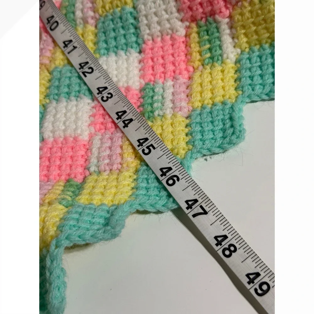 Vintage Handmade Crochet Baby Blanket Afghan Pastel Checkerboard 36x46 Pink Mint